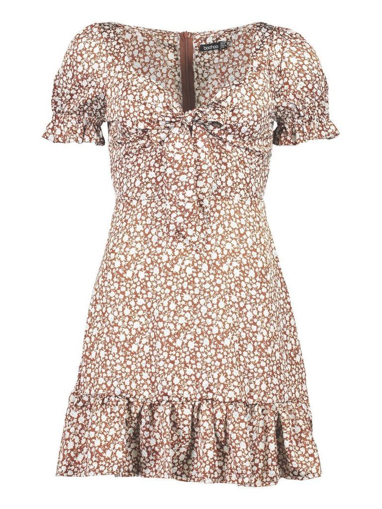 Womens Ditsy Floral Print Tie Front Mini Dress - brown - 16, Brown
