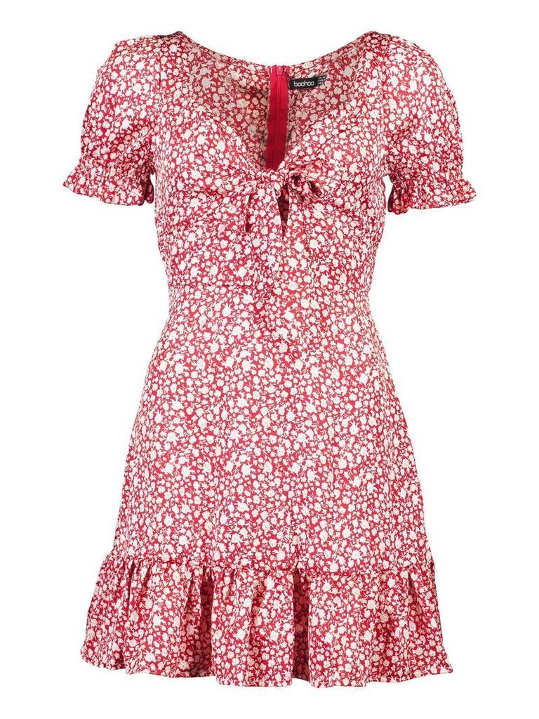 Womens Ditsy Floral Print Tie Front Mini Dress - red - 14, Red