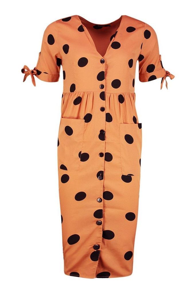 Womens Large Polka Dot Button Midi Smock Dress - Orange - 16, Orange