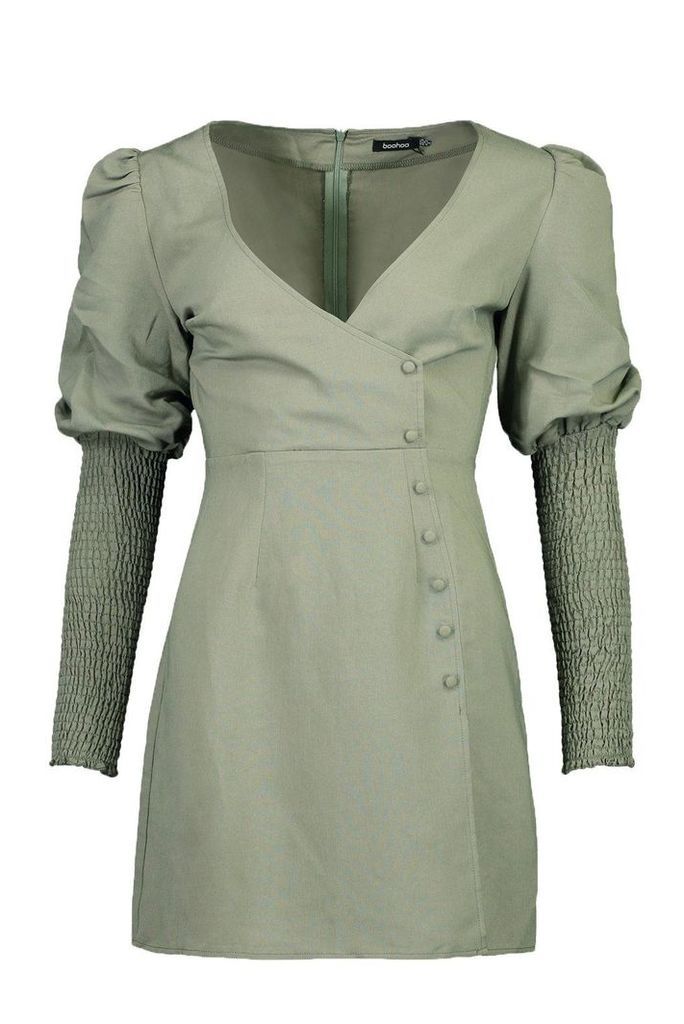 Womens Volume Sleeve Button Through Dress - green - 10, Green
