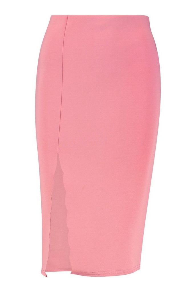 Womens Scallop Detail Thigh Split Midi Skirt - pink - 10, Pink