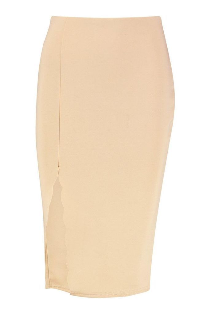Womens Scallop Detail Thigh Split Midi Skirt - beige - 10, Beige