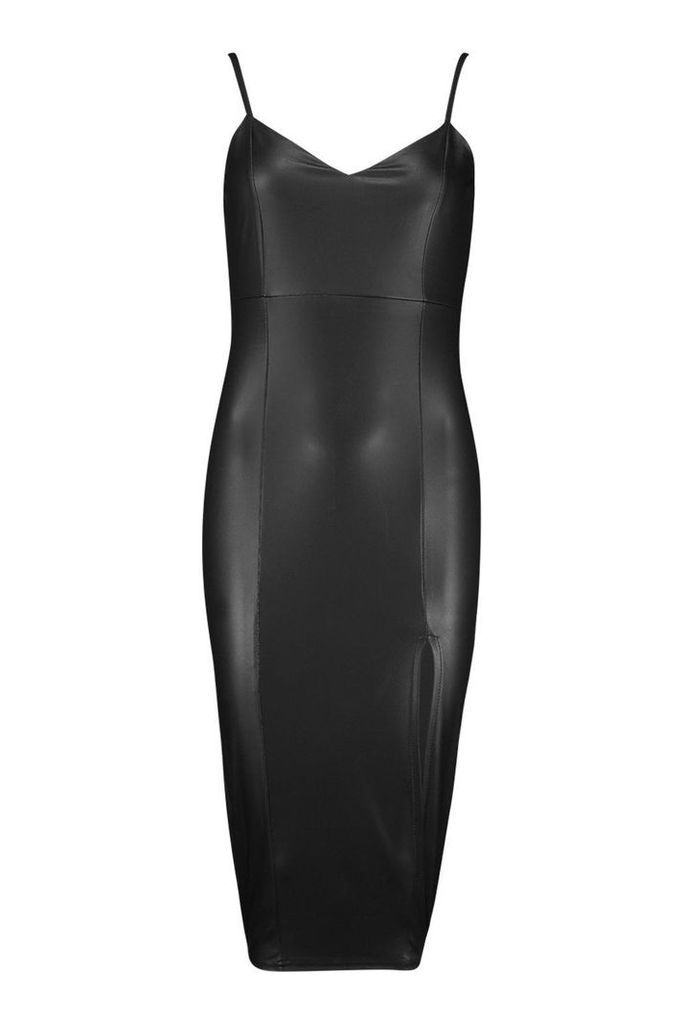 Womens Faux Leather Split Midi Dress - black - 14, Black