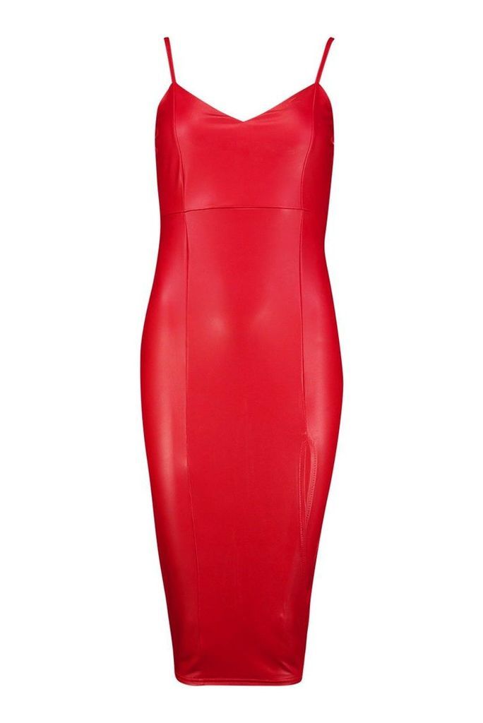 Womens Faux Leather Split Midi Dress - red - 14, Red