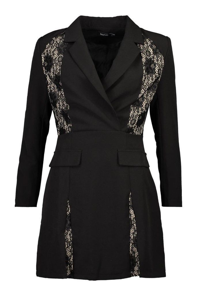 Womens Lace Panel Blazer Dress - black - 10, Black