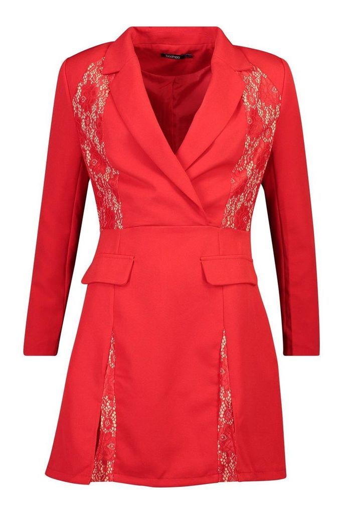 Womens Lace Panel Blazer Dress - red - 10, Red