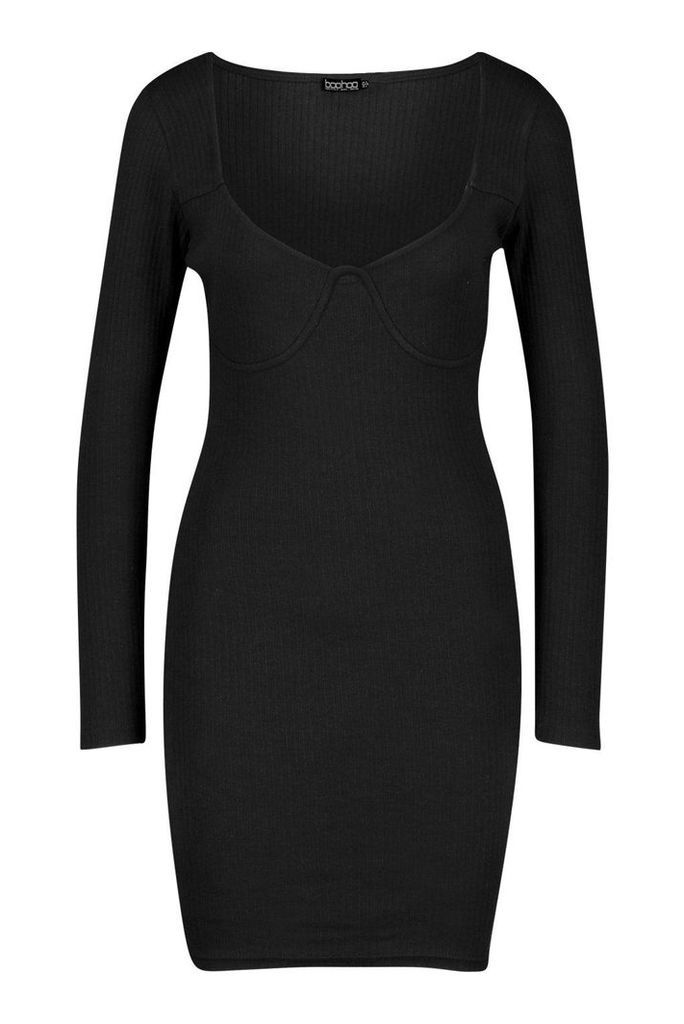 Womens Rib Bust Detail Long Sleeve Mini Dress - black - 12, Black