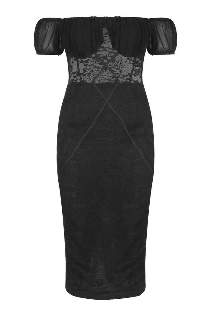 Womens Off The Shoulder Midi Lace Dress - black - 10, Black