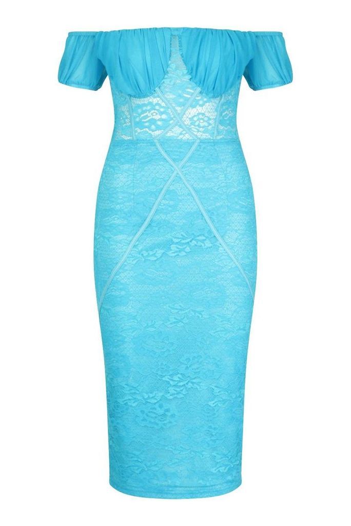 Womens Off The Shoulder Midi Lace Dress - blue - 8, Blue