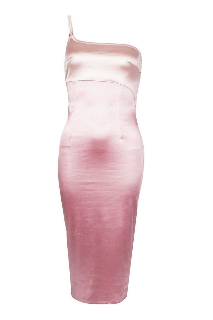 Womens Stretch Satin One Shoulder Trim Detail Midi Dress - Pink - 14, Pink