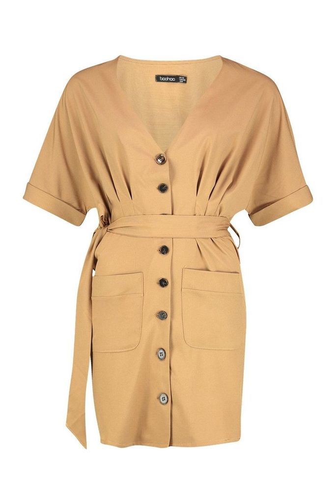 Womens Pocket Button Mini Dress - beige - 14, Beige
