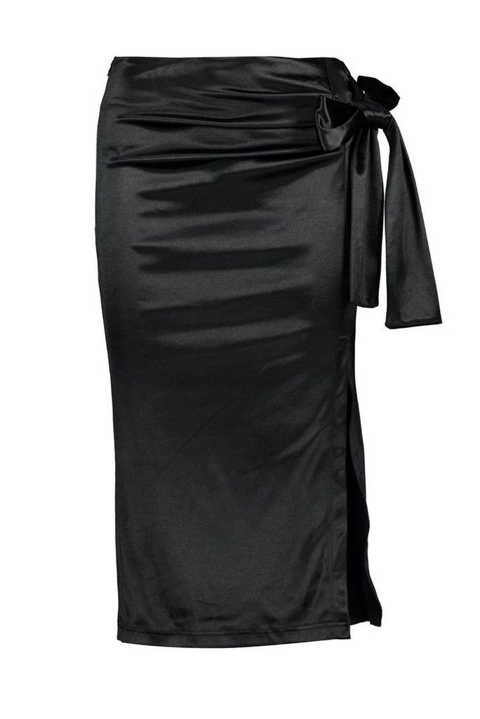 Womens Knot Side Stretch Satin Midi Skirt - black - 12, Black