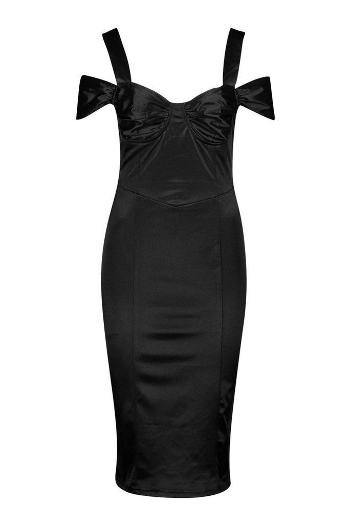 Womens Stretch Satin Bodice Detail Midi Dress - black - 8, Black