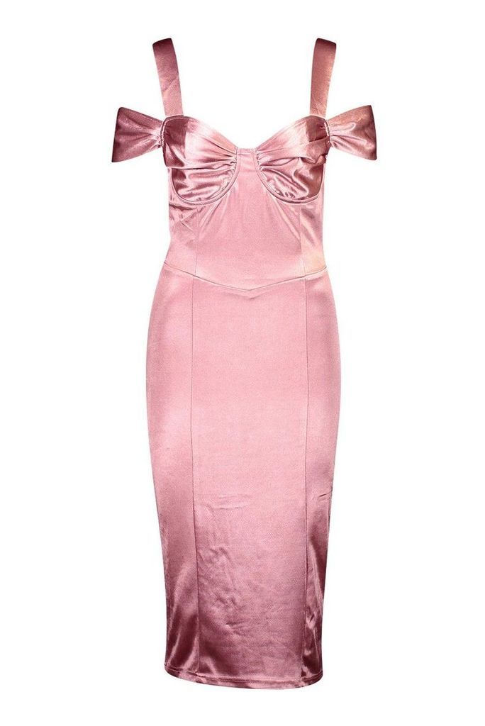 Womens Stretch Satin Bodice Detail Midi Dress - pink - 10, Pink