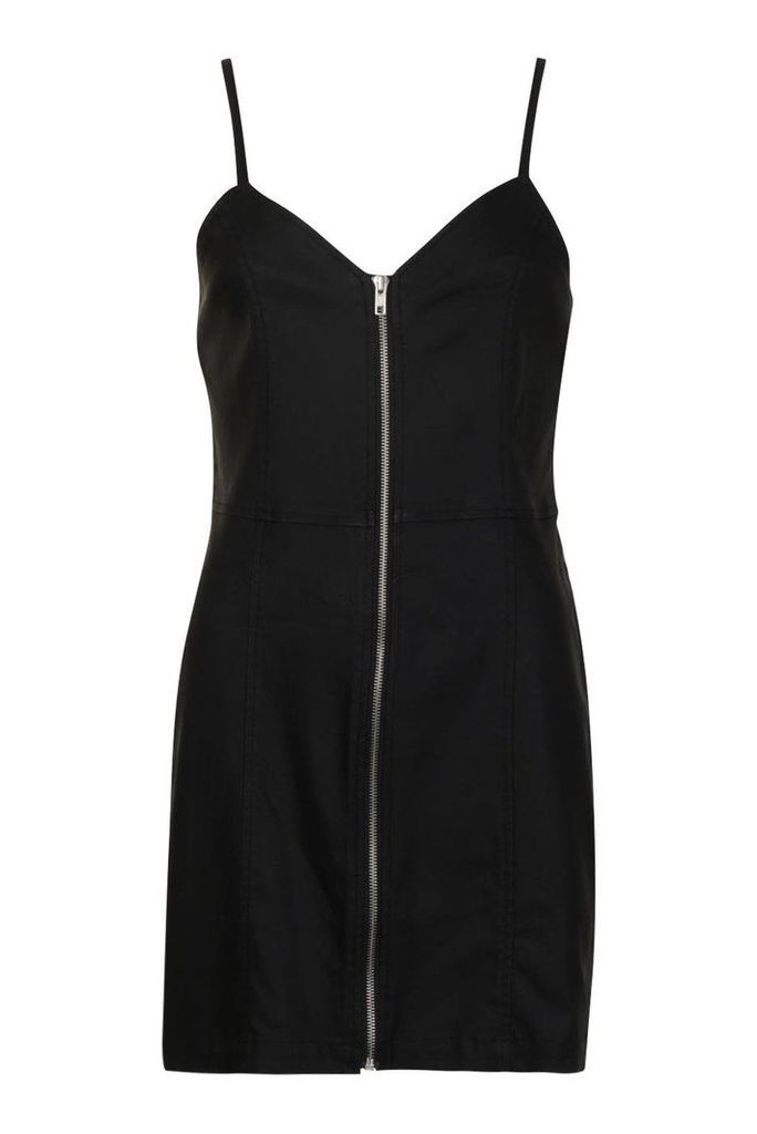 Womens Zip Front Strappy Coated Denim Dress - black - 14, Black