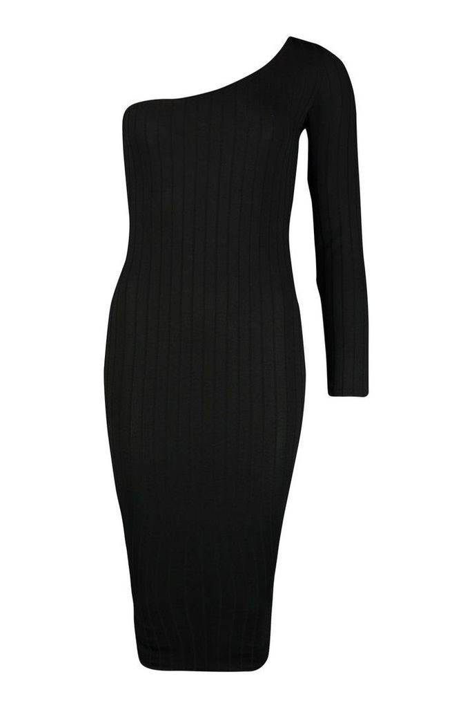 Womens Ribbed One Shoulder Midi Dress - black - 10, Black