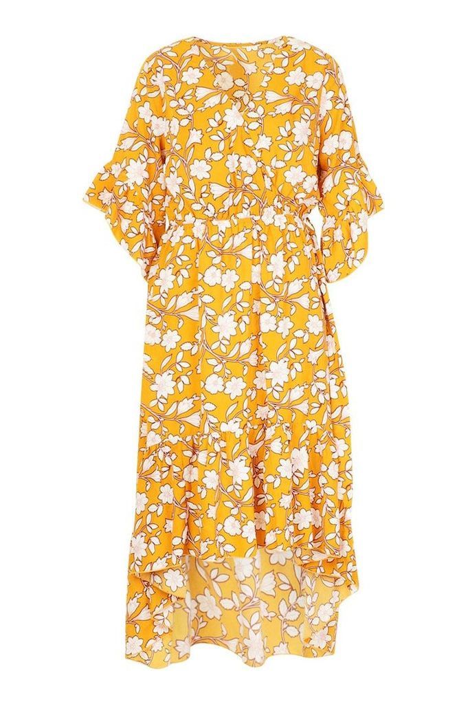 Womens Floral Print Wrap Tie Waist Midi Dress - yellow - 10, Yellow