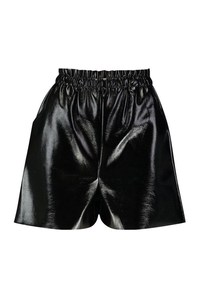 Womens Paperbag Waist Vinyl Shorts - black - 12, Black
