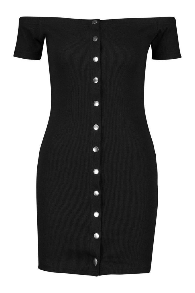 Womens Off The Shoulder Rib Popper Mini Dress - black - 10, Black