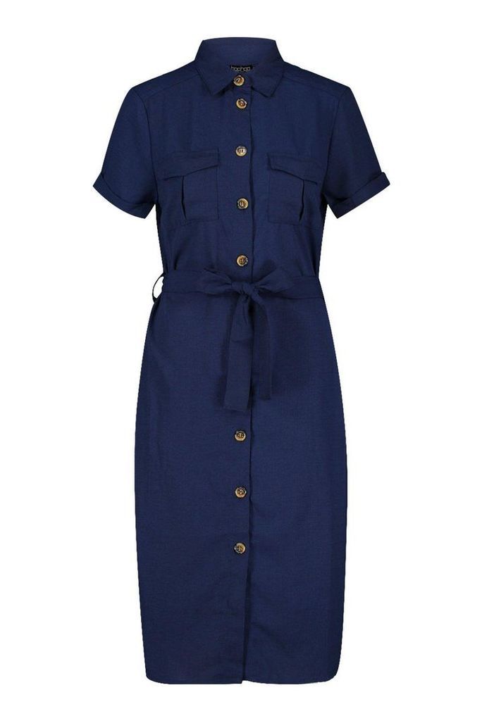Womens Woven Button Through Tie Waist Shirt Dress - navy - XS, Navy