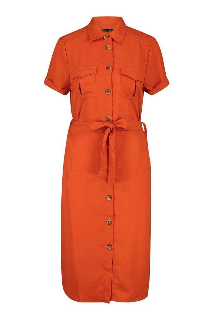 Womens Woven Button Through Tie Waist Shirt Dress - Orange - Xs, Orange