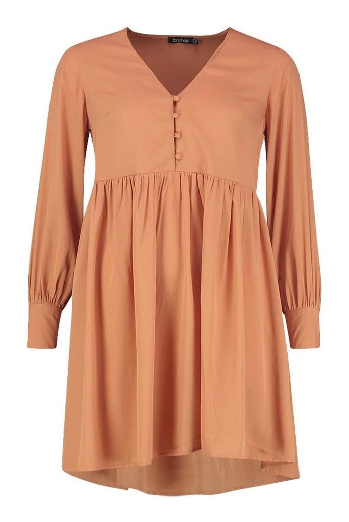 Womens Woven Button Detail Smock Dress - Orange - 14, Orange