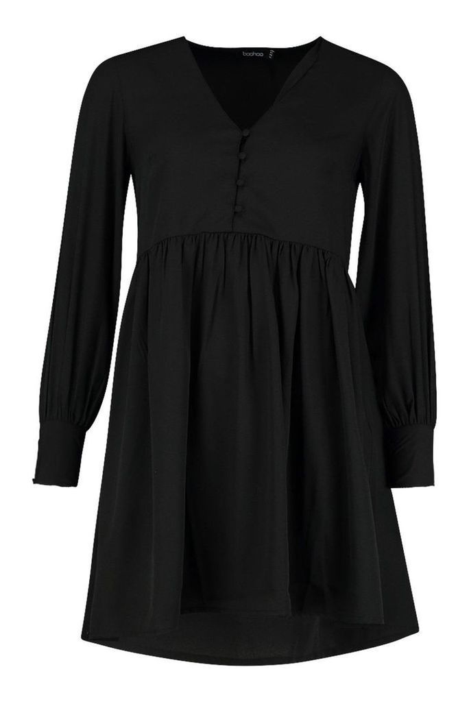 Womens Woven Button Detail Smock Dress - Black - 8, Black