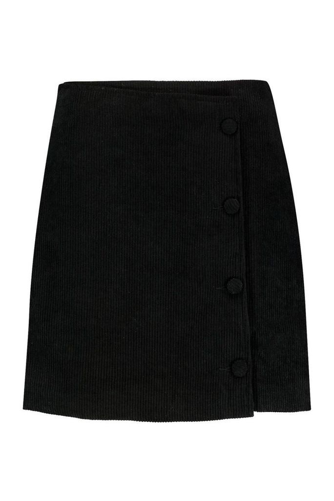 Womens Cord Button Side Mini Skirt - Black - L, Black