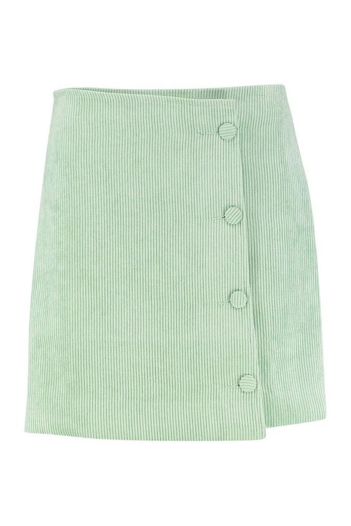 Womens Cord Button Side Mini Skirt - green - L, Green