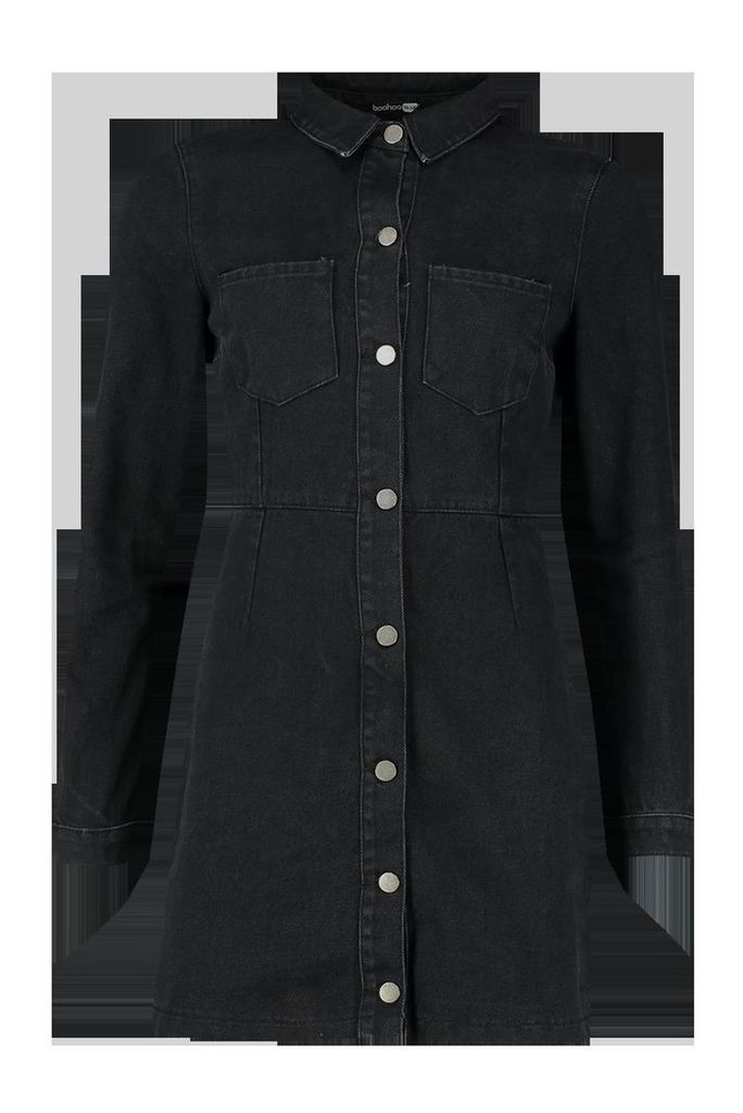 Womens Button Front Pocket Denim Dress - Black - 8, Black
