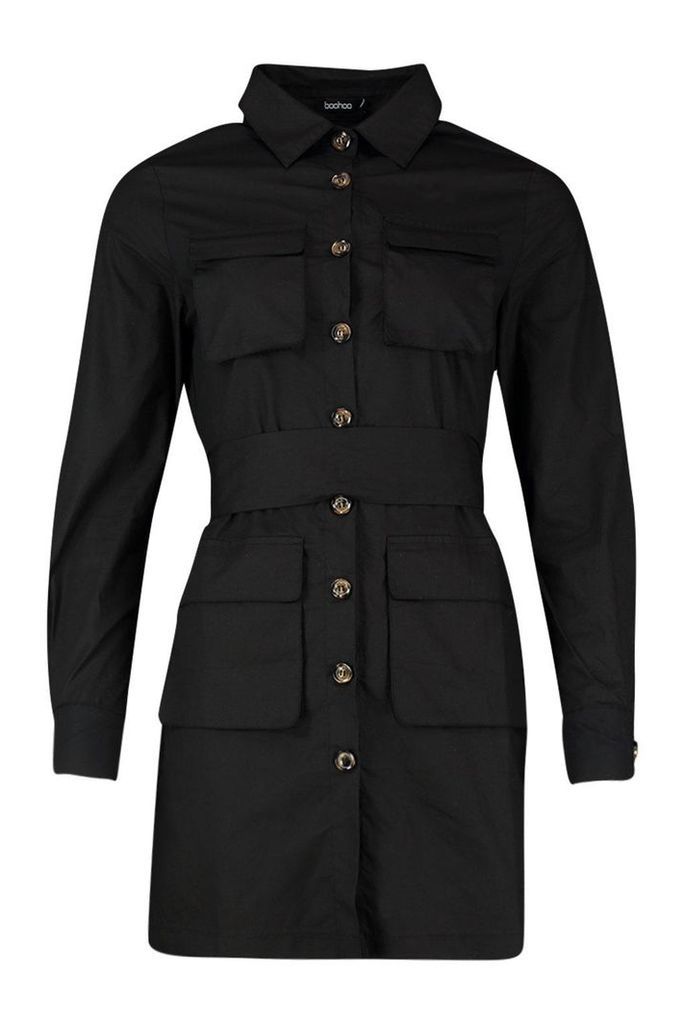 Womens Woven Pocket Button Through Shirt Dress - black - 14, Black