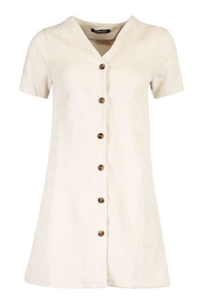 Womens Cord Button Through Shift Dress - cream - 14, Cream