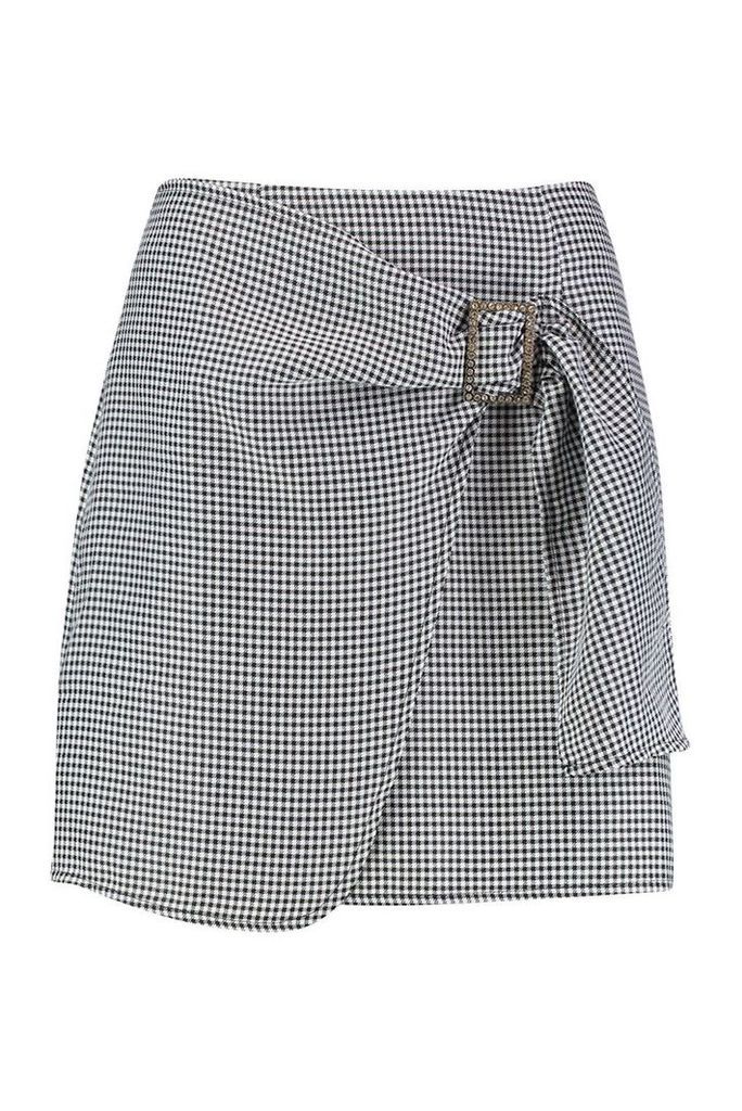 Womens Dogtooth Wrap Front Buckle Detail Skirt - black - 14, Black