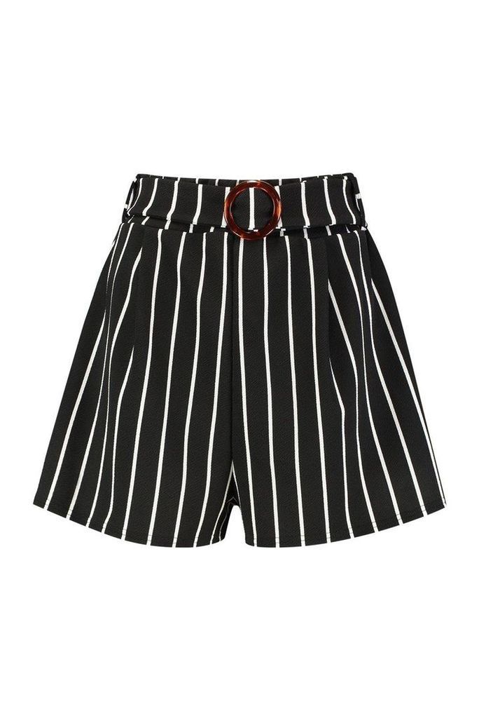 Womens O-Ring Belted Stripe Shorts - black - 14, Black