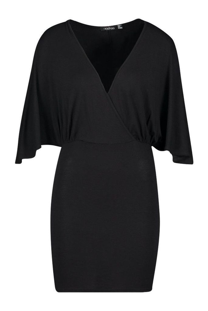 Womens Jersey Wrap Cape Mini Dress - black - 6, Black
