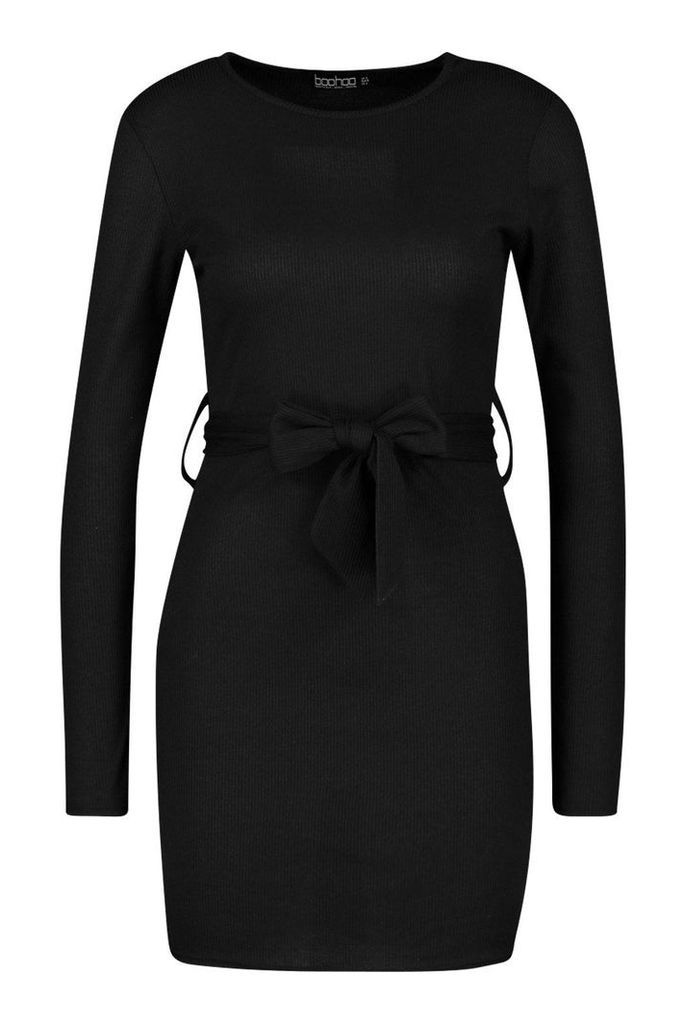Womens Rib Belted Buckle Mini Dress - black - 10, Black