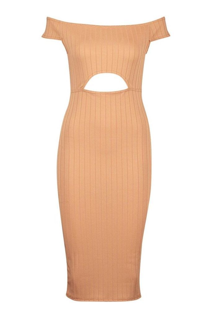 Womens Ribbed Cut Out Midi Bodycon - Brown - 14, Brown