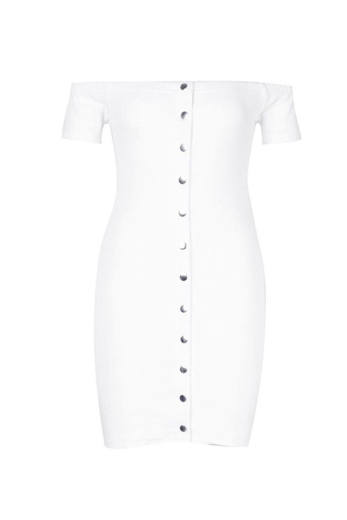 Womens Off The Shoulder Rib Popper Mini Dress - white - 14, White