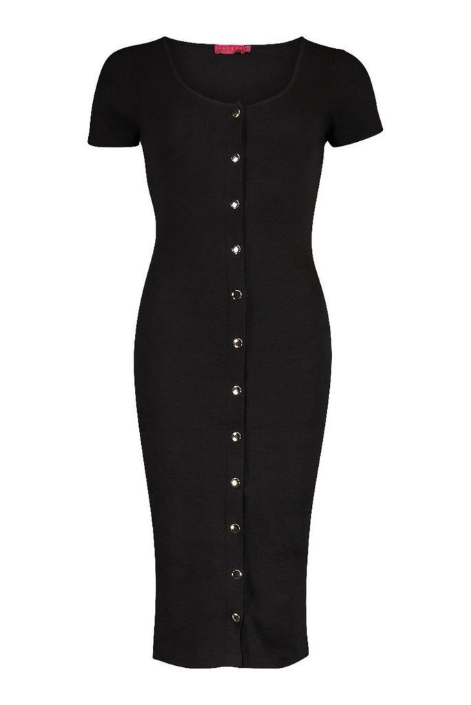 Womens Rib Popper Short Sleeve Midi Dress - black - 6, Black