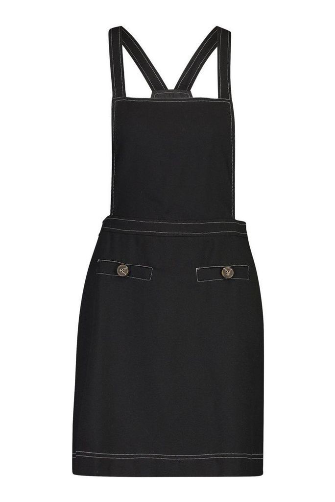 Womens Contrast Stitch Pocket Pinafore Dress - black - XS, Black