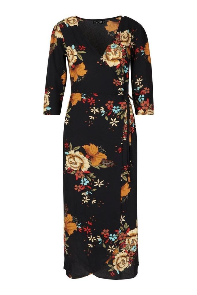 Womens Woven Floral Print 3/4 Sleeve Wrap Midi Dress - navy - XS, Navy