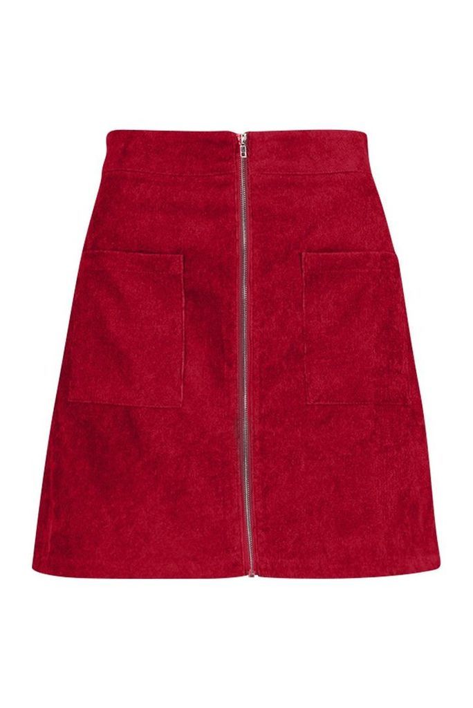 Womens Zip Through Pocket Front Cord Mini Skirt - Red - 10, Red