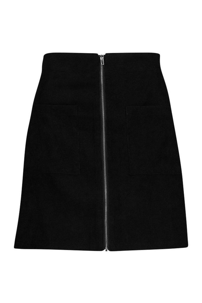 Womens Zip Through Pocket Front Cord Mini Skirt - Black - 14, Black