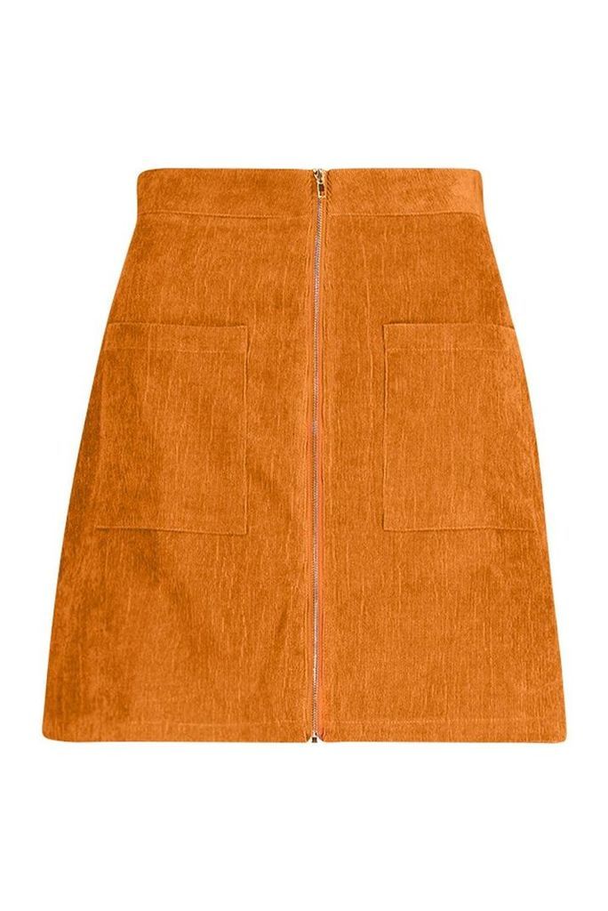 Womens Zip Through Pocket Front Cord Mini Skirt - Brown - 14, Brown
