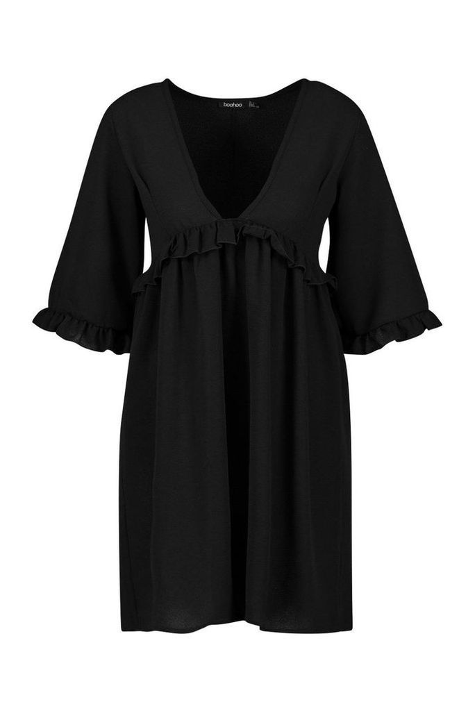 Womens Woven Ruffle Detail Smock Dress - black - 10, Black