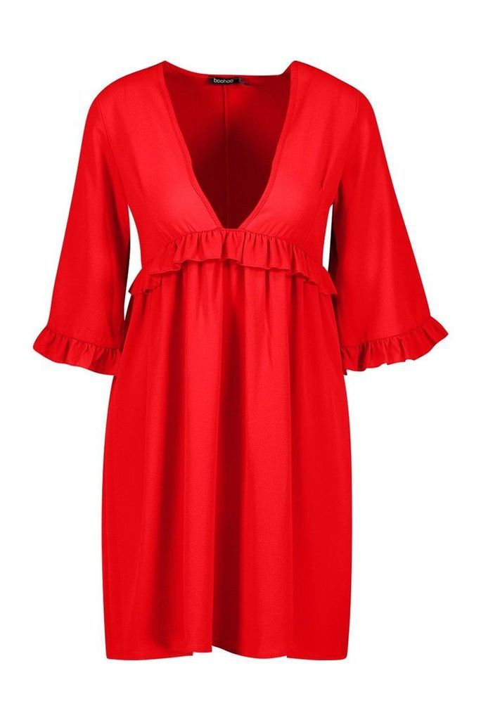 Womens Woven Ruffle Detail Smock Dress - red - 12, Red