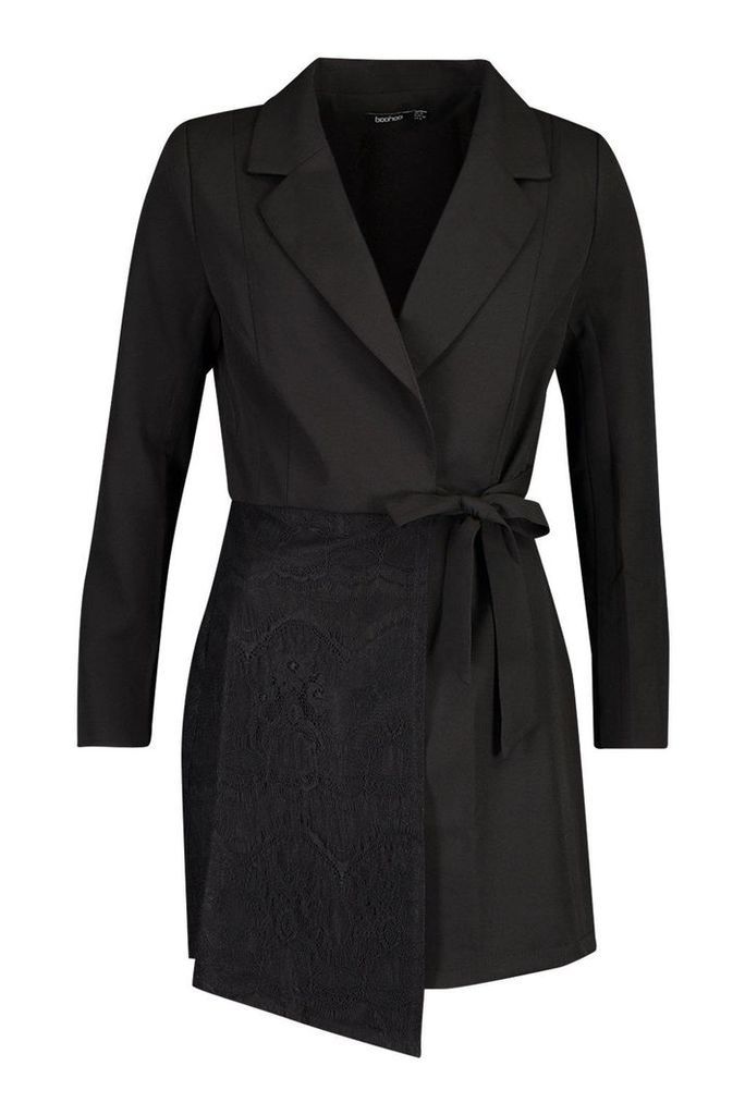 Womens Wrap Front Lace Detail Blazer Dress - black - 8, Black