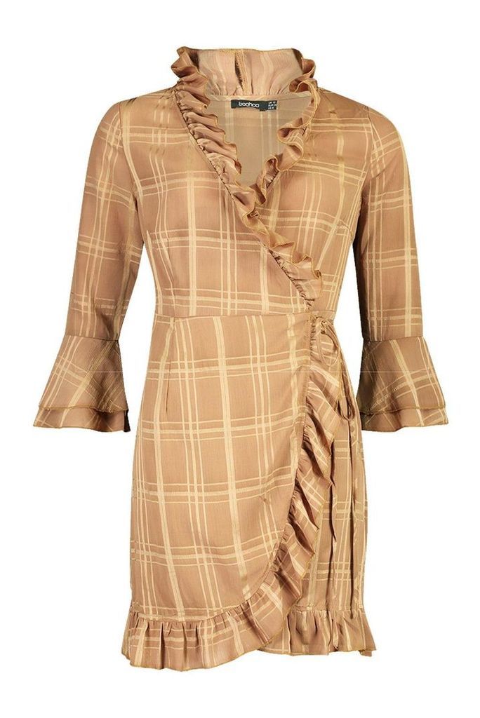 Womens Woven Check Wrap Frill Tea Dress - brown - 12, Brown