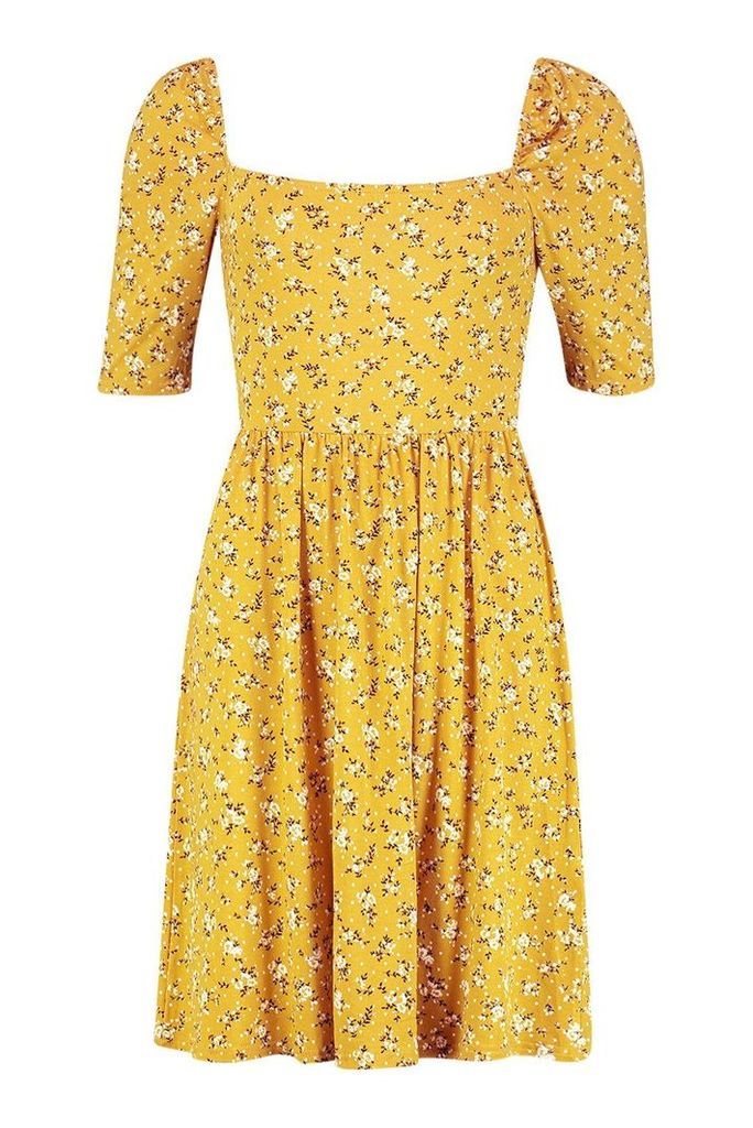 Womens Ditsy Print Puff Sleeve Jersey Skater Dress - Yellow - 8, Yellow