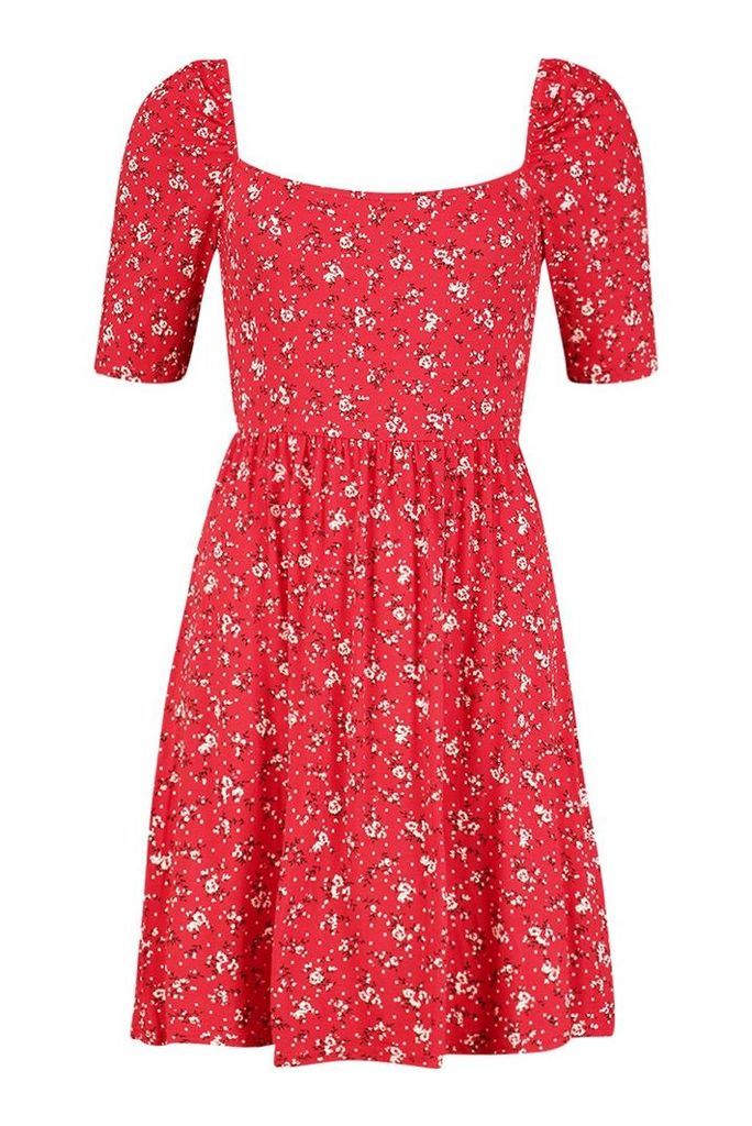 Womens Ditsy Print Puff Sleeve Jersey Skater Dress - Red - 16, Red